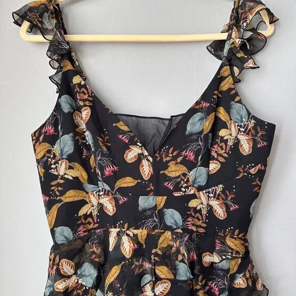 Nicholas Midi Dress US 6 Black Silk Romantic Asymmetric Floral Fairy Whimsygoth - Picture 2 of 10